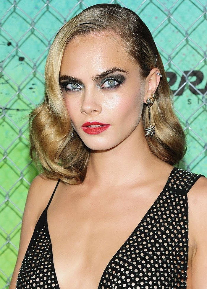 Cara-Delevingne-old-Hollywood-glamour-red-lipstick-wavy-hair