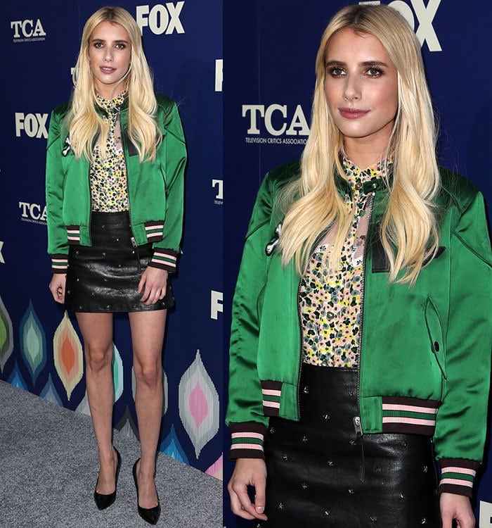 Emma-Roberts-Coach-printed-top-green-jacket-leather-skirt