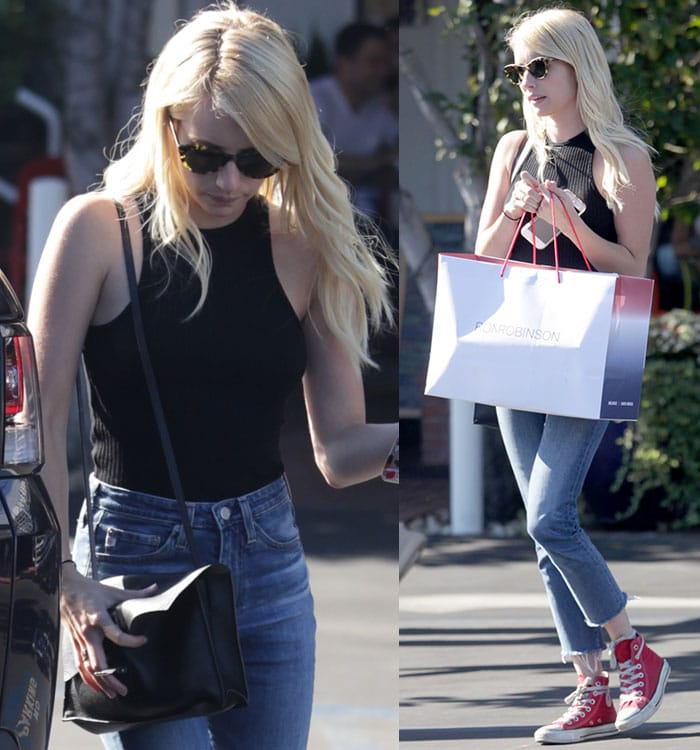 Emma-Roberts-black-rib-knit-top-cropped-jeans-sneakers
