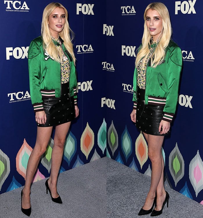 Emma-Roberts-legs-studded-leather-skirt-green-bomber-jacket