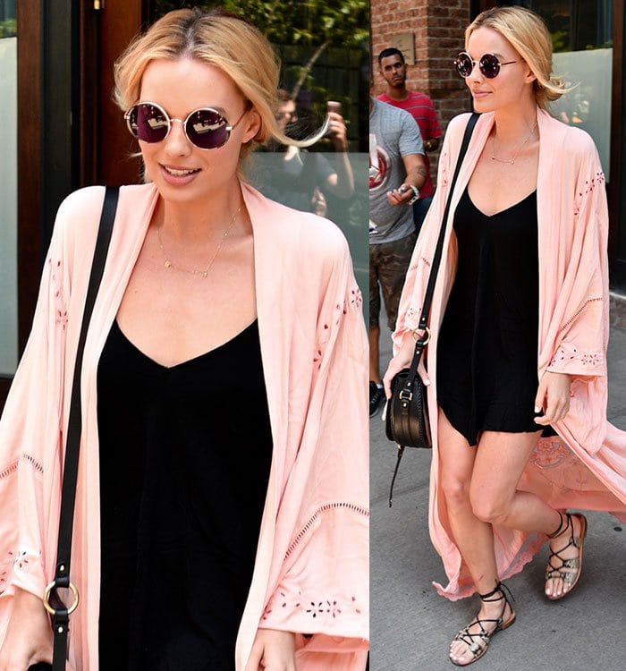 Margot-Robbie-black-slip-dress-pink-kimono-coat