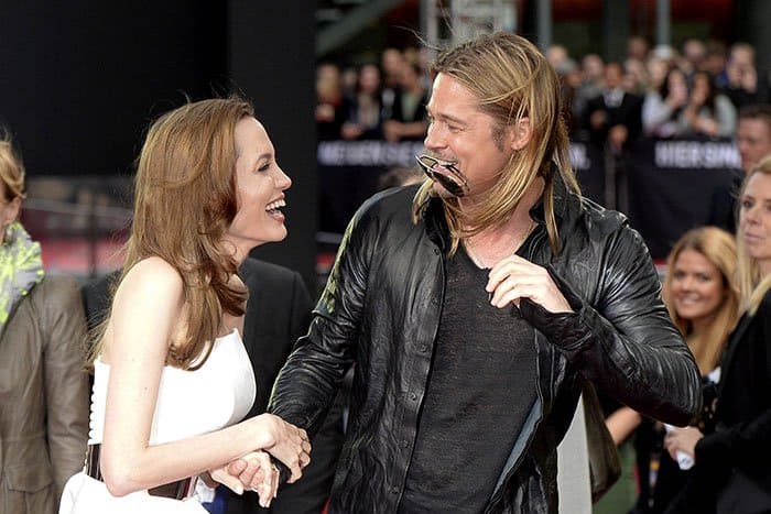 Angelina Jolie and Brad Pitt laughing it up at the "World War Z" premiere at Cinestar movie theatre at Potsdamer Platz Square in Berlin, Germany, on June 4, 2013