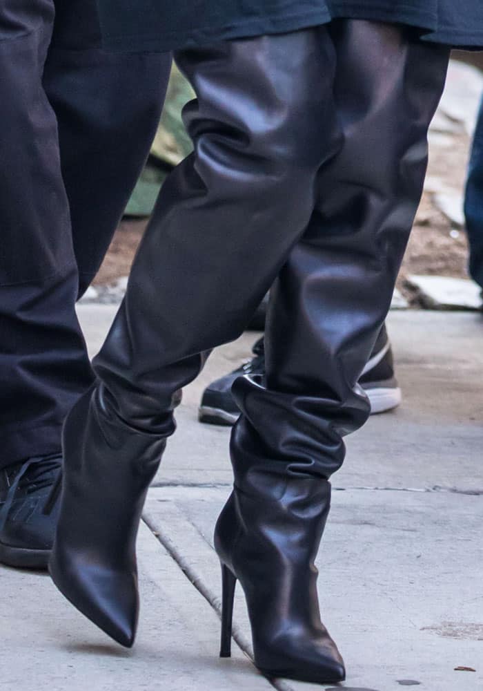Kim wore the wrinkled Balenciaga 'All Time' over-the-knee boots in New York