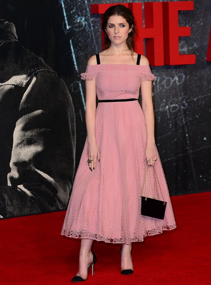 Anna Kendrick in a pale pink off-the-shoulder midi dress from the Burberry Fall 2016 collection featuring a full skirt