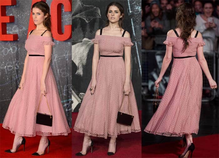 Anna Kendrick in a pale pink midi dress for the European premiere of "The Accountant"