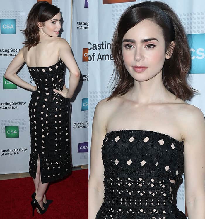 Lily Collins shows off her tiny frame in a black dress