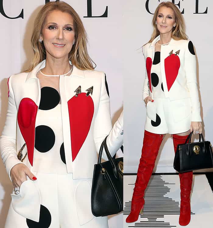 Celine Dion opted for a head-to-toe white-and-red look for the launch