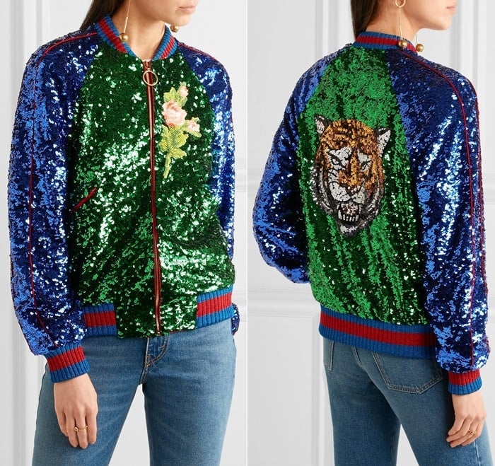 Gucci's jacket is trimmed with the house's signature web striping and saturated with hundreds of light-catching sequins that form a glistening Bengal tiger at the back