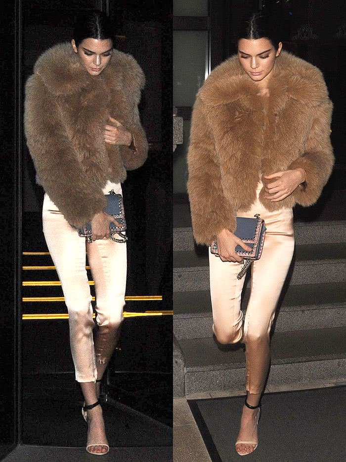 Kendall Jenner in fur jacket and La Perla two-tone sandals