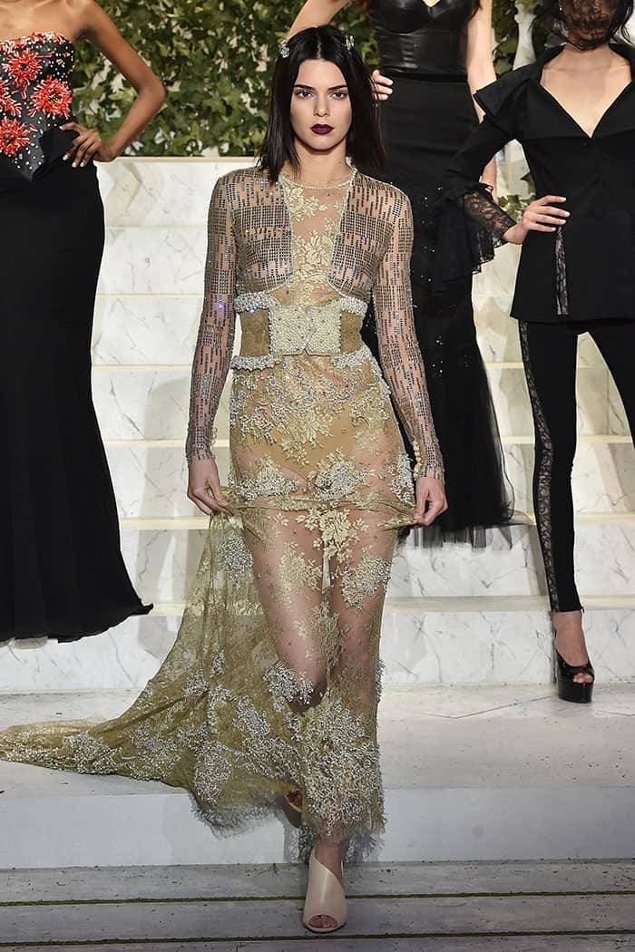 Kendall Jenner in a sheer gown at the La Perla fashion show