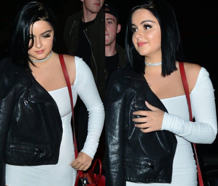 Ariel Winter wearing a skimpy white dress and suede over-the-knee boots