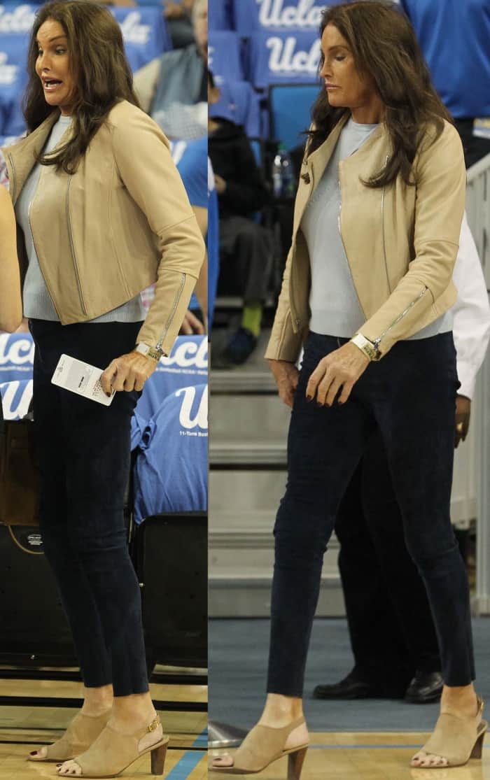 Caitlyn Jenner wearing slingback mules at the UCLA game