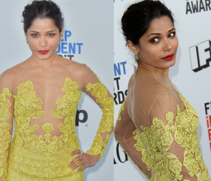 Freida Pinto styled her hair in an updo to show off her diamond earrings from Harry Kotlar
