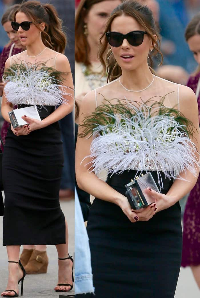 Kate Beckinsale wearing a Pamella Roland ensemble and Stuart Weitzman ankle-strap heels