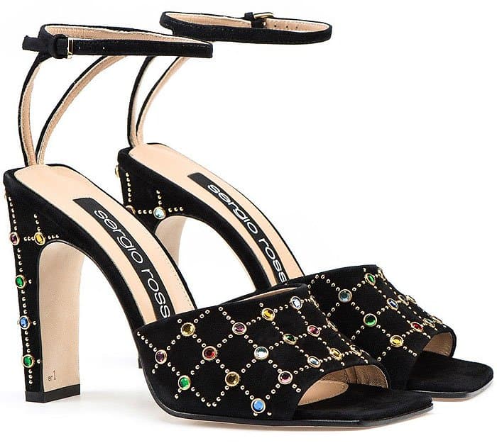 Sergio Rossi SR1 Black Suede Sandals with Multicolor Glass Gems