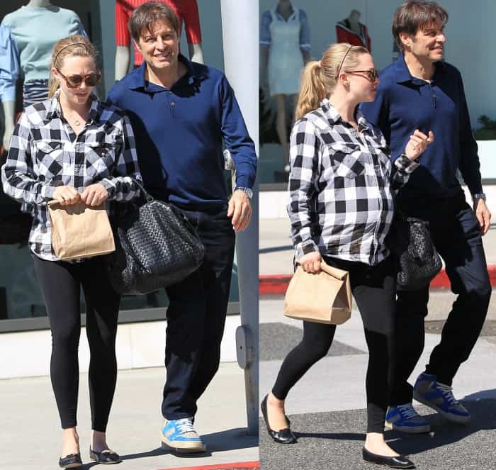Amanda Seyfried wearing a black and white checkered shirt, black Seraphine leggings, and black ballet flats while out and about in LA