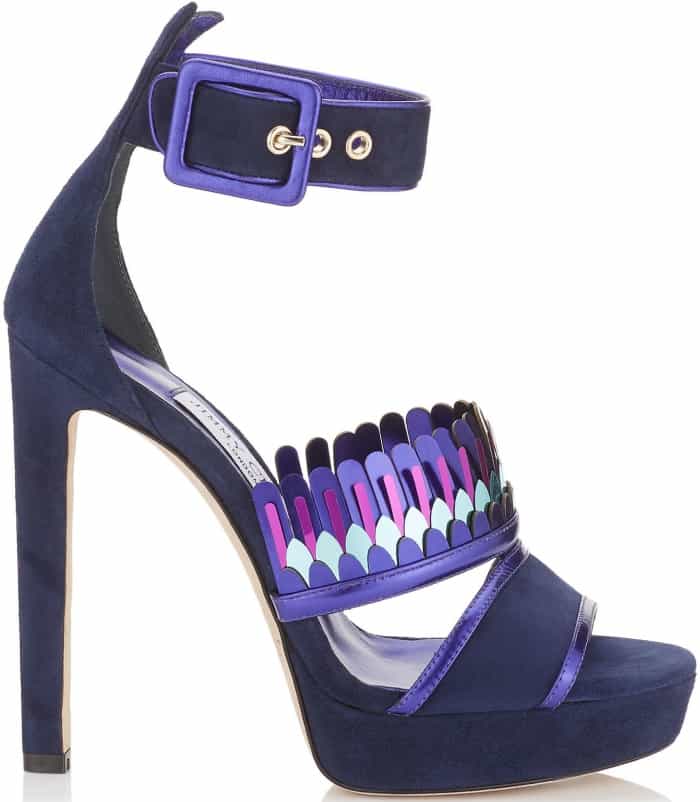 Jimmy Choo "Kathleen" Navy Mix Suede and Mirror Leather Platform Sandals