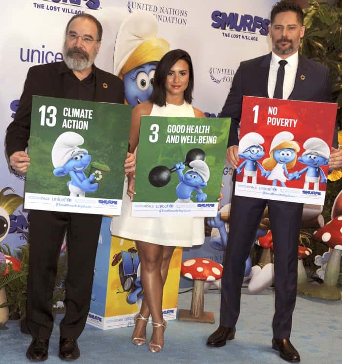 Demi Lovato with co-stars Mandy Patinkin and Joe Manganiello at the United Nations and "Smurfs: The Lost Village" event