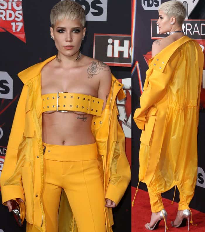 Halsey wearing a yellow Versus Versace look and Stuart Weitzman “Nudistsong” sandals in pearl nappa leather at the 2017 iHeartRadio Music Awards