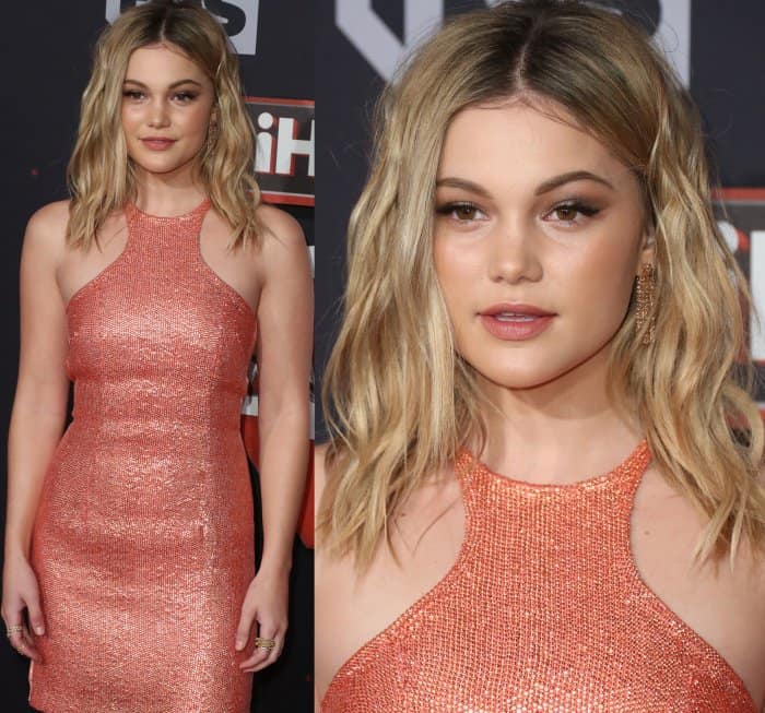 Olivia Holt wearing a salmon Kaufmanfranco dress and gold ankle-strap sandals at the 2017 iHeartRadio Music Awards