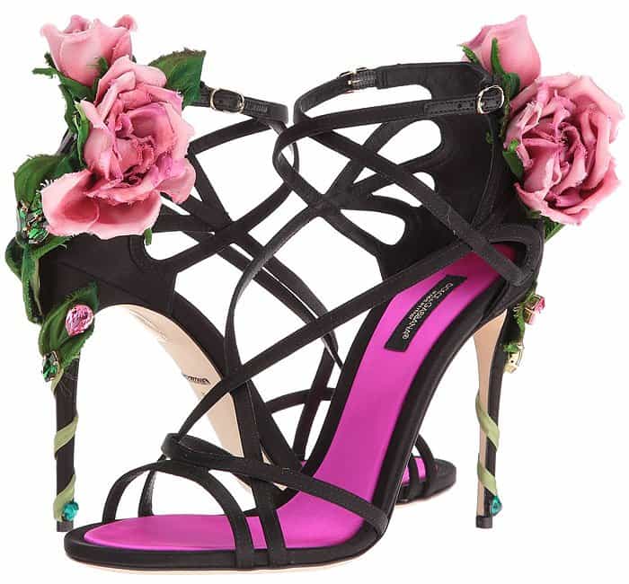 Dolce & Gabbana Keira crystal-embellished pink rose vine heel satin sandals