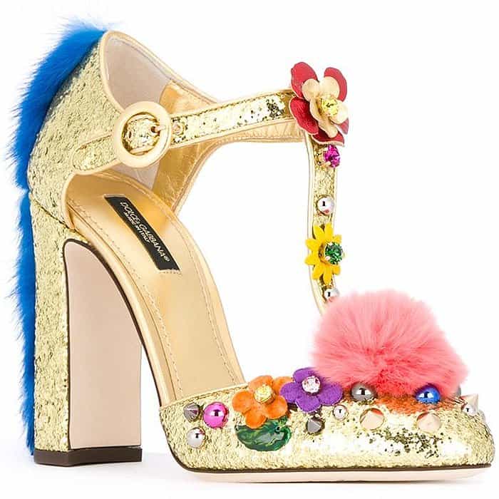 Dolce & Gabbana Vally fur-trimmed glitter t-strap pumps