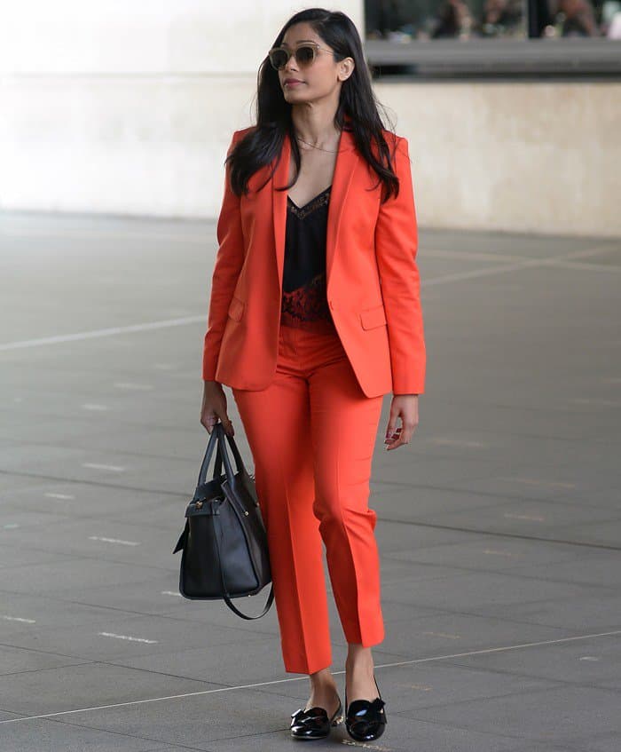 Freida stepped out in a bright and chic look from Topshop for an interview at the BBC 1xtra studios in London on April 7, 2017