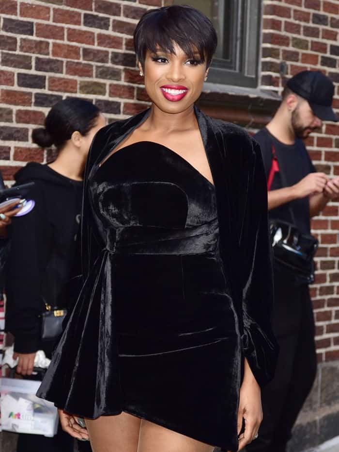 Jennifer Hudson wearing a black velvet dress outside the Ed Sullivan Theater for her guest appearance on ‘The Late Show With Stephen Colbert’ in New York City on April 17, 2017