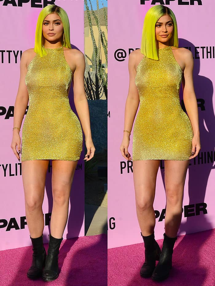 Kylie Jenner debuted her new neon yellow hair color at the PAPER Magazine x PrettyLittleThing party
