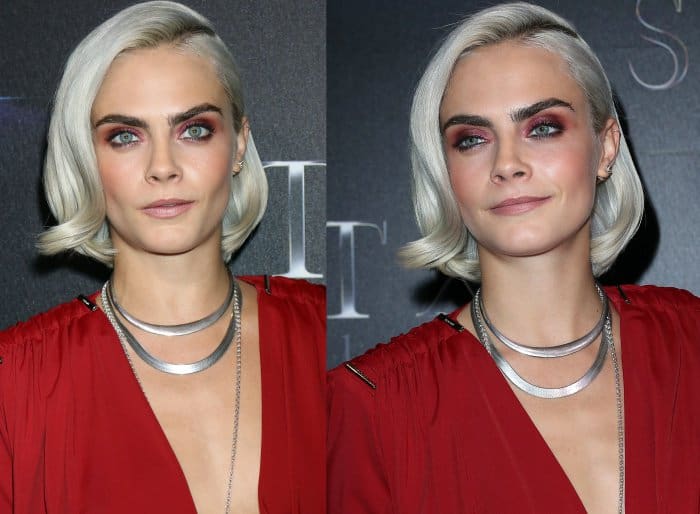 Cara Delevingne wearing a red ensemble from Mugler's pre-fall 2017 collection and red velvet pumps from Jimmy Choo at CinemaCon 2017