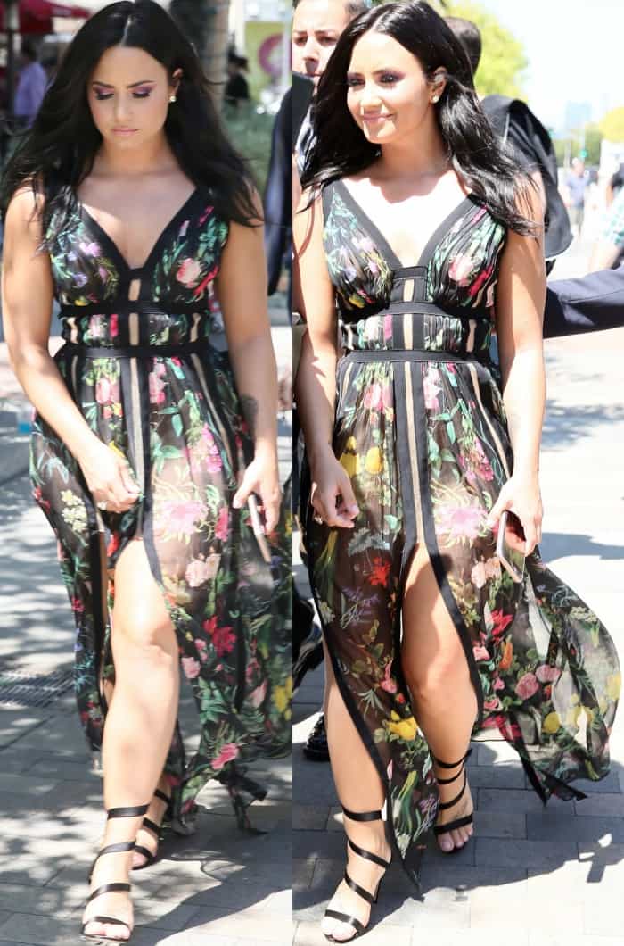 Demi Lovato wearing a Tadashi Shoji floral dress and Gianvito Rossi 'Opera' sandals at the 'Smurfs: The Lost Village"