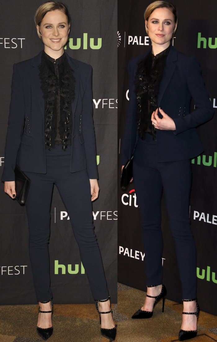 Evan Rachel Wood wearing a custom Roberto Cavalli suit and Le Silla pumps at Media’s 34th Annual PaleyFest Los Angeles “Westworld” Panel