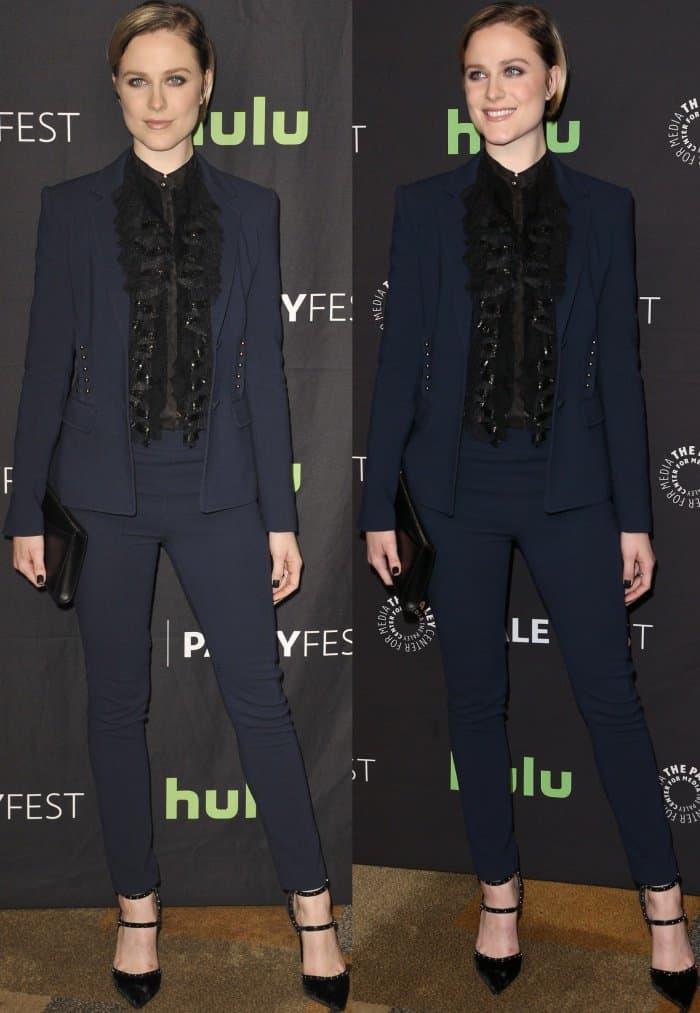 Evan Rachel Wood wearing a custom Roberto Cavalli suit and Le Silla pumps at Media’s 34th Annual PaleyFest Los Angeles “Westworld” Panel