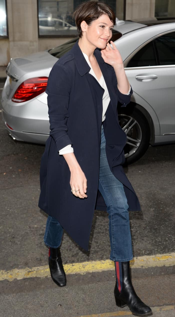 Gemma Arterton arriving at the BBC Radio 2 studios in Gucci "Karen" booties