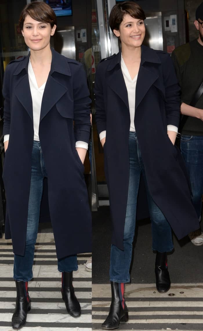 Gemma Arterton arriving at the BBC Radio 2 studios in Gucci "Karen" booties