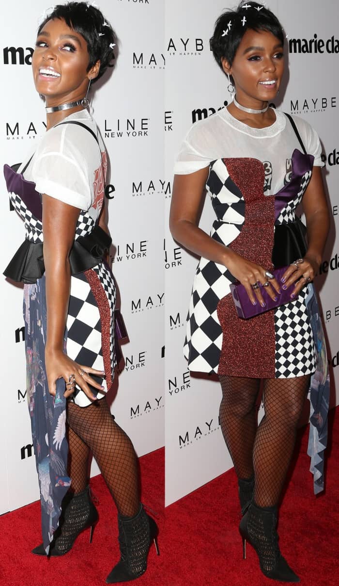 Janelle Monáe wearing an Off-White spring 2017 ensemble and Schutz "Jolana" booties at Marie Claire's "Fresh Faces" event