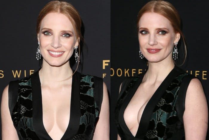 Jessica Chastain wearing an Alexander McQueen gown and Charlotte Olympia pumps at "The Zookeeper's Wife" premiere