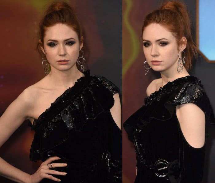 Karen Gillan wearing a Self-Portrait dress and Giuseppe Zanotti "Harmony" sandals at the "Guardians of the Galaxy Vol. 2" London premiere
