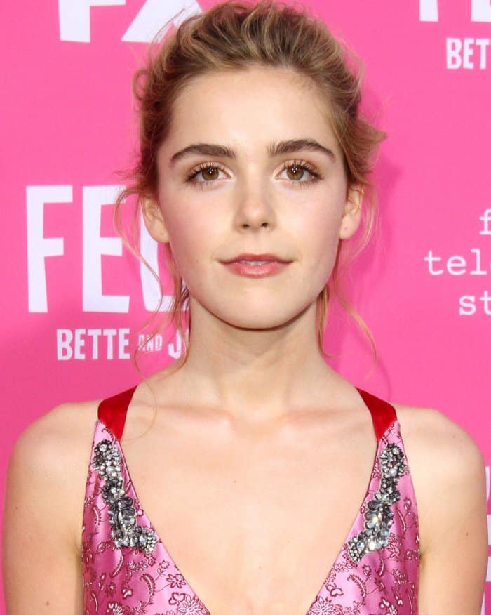 Kiernan Shipka wearing a pink Erdem pre-fall 2017 gown with silver heels at the "Feud: Bette and Joan" FYC event