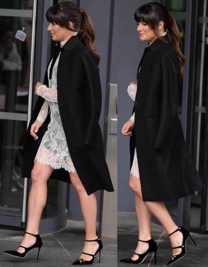 Lea Michele wearing a Philosophy di Lorenzo Serafini lace dress and Jimmy Choo "Lacey" pumps