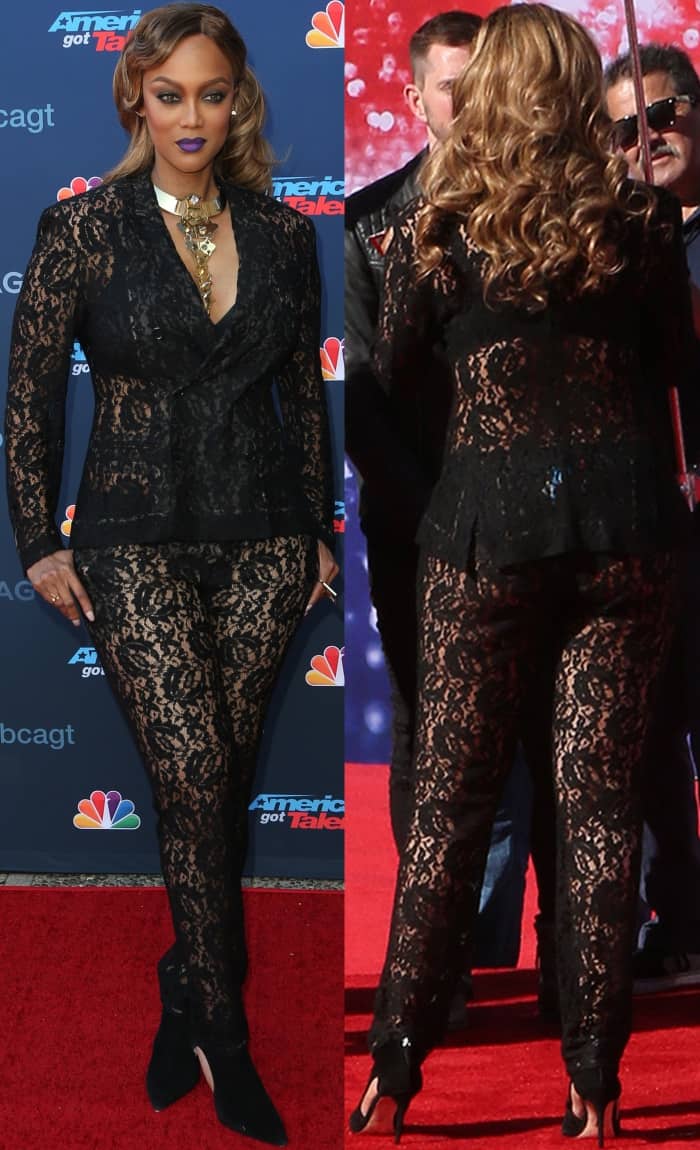 Tyra Banks wearing a sheer black lace ensemble with black booties at the "America's Got Talent" Season 12 Kickoff