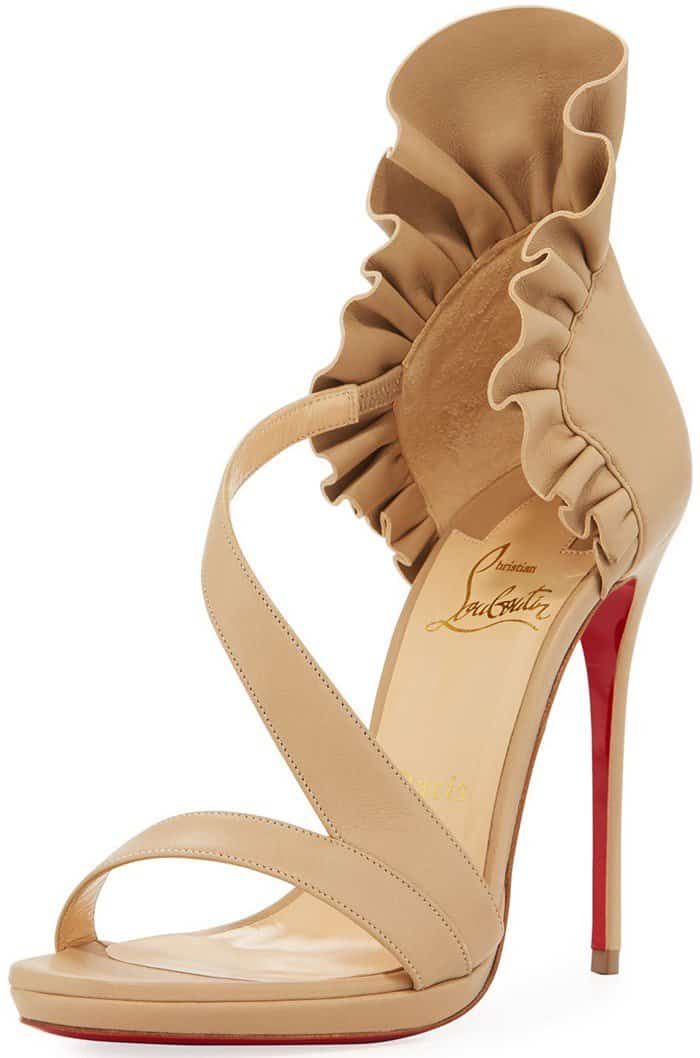 Christian Louboutin 'Colankle' Ruffle Red Sole Sandals in Nude Napa Leather