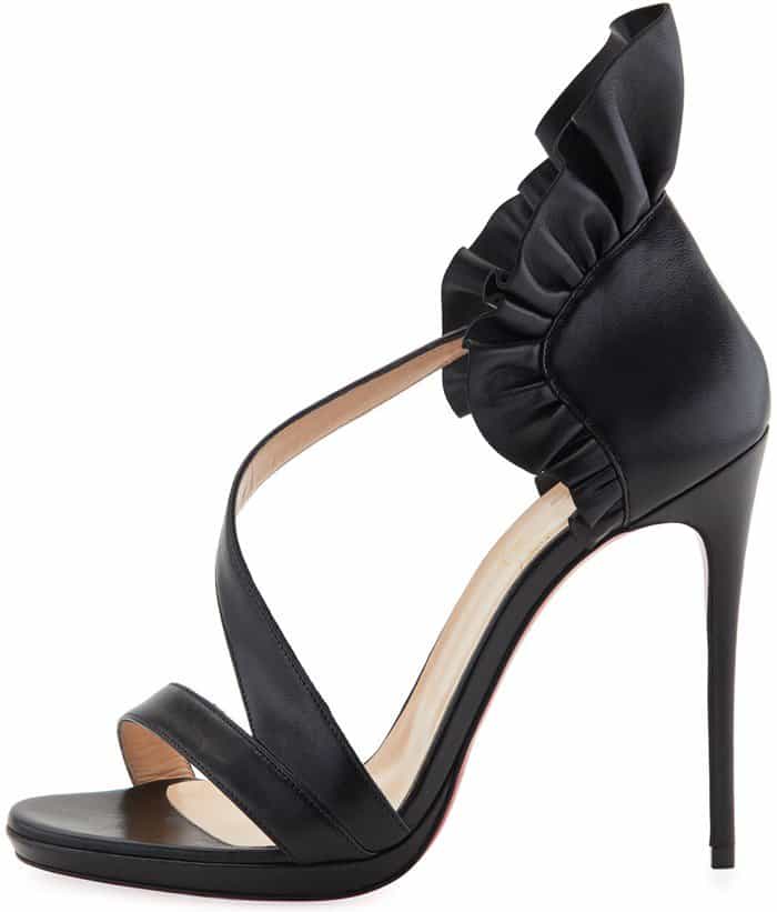 Christian Louboutin 'Colankle' Ruffle Red Sole Sandals in Shiny Black Napa Leather