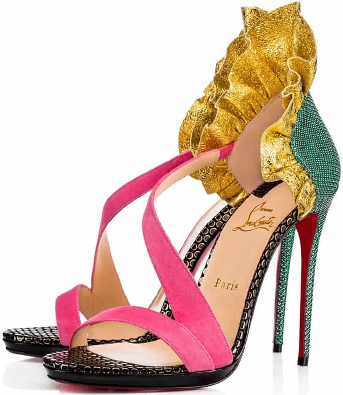Christian Louboutin 'Colankle' Ruffle Red Sole Sandals in Sumptuous Material Mix