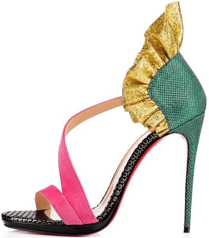 Christian Louboutin 'Colankle' Ruffle Red Sole Sandals in Sumptuous Material Mix