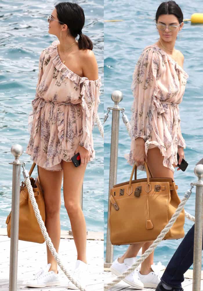 Kendall paraded around the dock in her floral Zimmermann romper