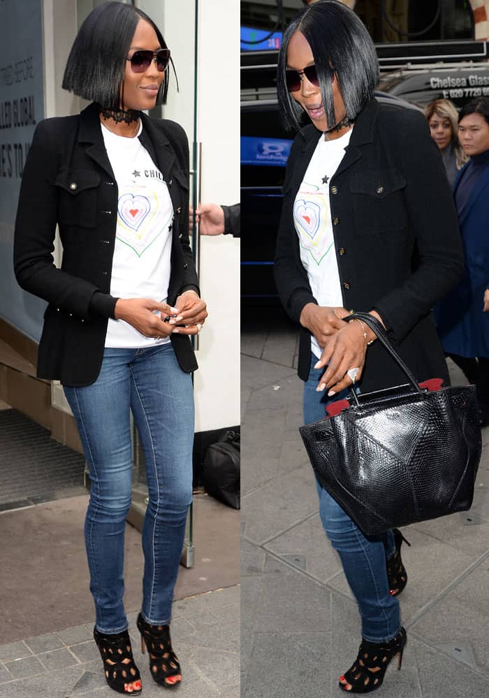 Naomi promotes her Fashion for Relief x Diesel shirt to raise funds for Save the Children