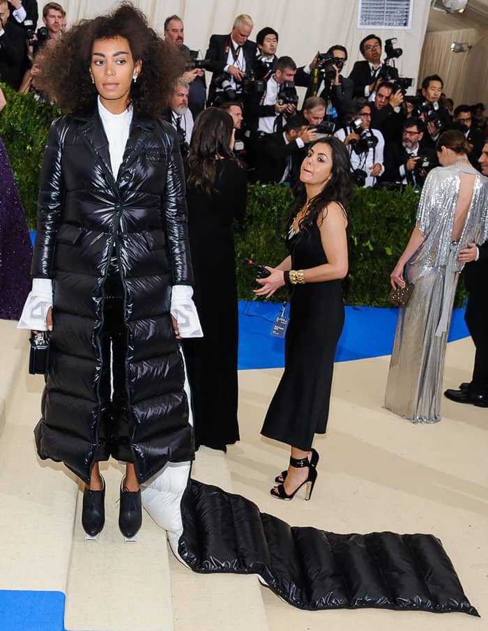 Solange Knowles wearing head to toe Thom Browne Fall 2017 at the 2017 Metropolitan Costume Institute Benefit Gala held at the Metropolitan Museum of Art in New York City, on May 1, 2017