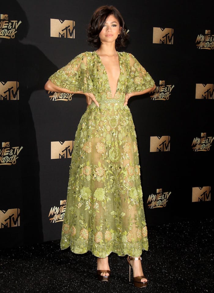 Zendaya stuns in a green Zuhair Murad creation for the MTV Movie & TV Awards on May 7, 2017 at the Shrine Auditorium in Los Angeles