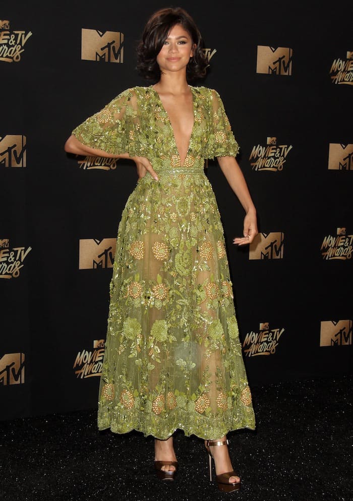 Zendaya stuns in a green Zuhair Murad creation for the MTV Movie & TV Awards on May 7, 2017 at the Shrine Auditorium in Los Angeles